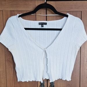 Kendall & Kylie Cream Ribbed Cropped Cardigan